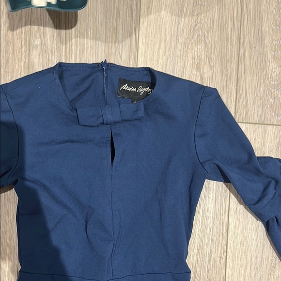 Navy Blue Sheath Dress with Mock Neck and Bell Sleeves for Work - Picture 12 of 12